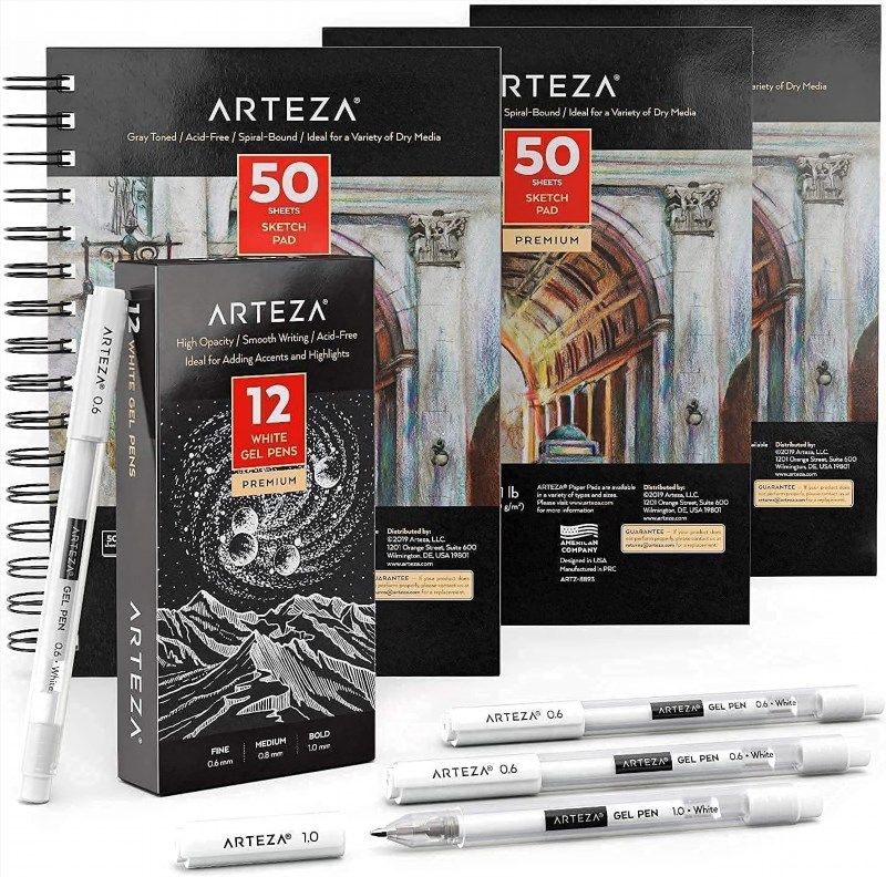 Arteza Mixed Media Sketchbook, 9 x 12 Inches, 25 Sheets, Toned Drawing  Paper — White, Cream, Light Gray, Gray, and Black, 122-lb, Cold-Press, Art