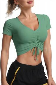 img 4 attached to Workout Crop Tops For Women Short Sleeve Cropped Yoga Top Gym Shirts Ruched V Neck