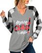 get festive with women's plaid splicing christmas t-shirt - long sleeve raglan with funny letter print and v-neck baseball top design logo