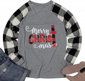 img 2 attached to Get Festive With Women'S Plaid Splicing Christmas T-Shirt - Long Sleeve Raglan With Funny Letter Print And V-Neck Baseball Top Design