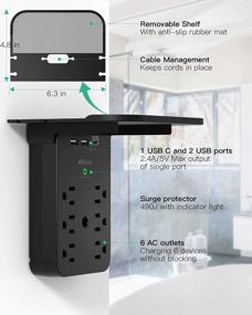 img 2 attached to Expand Your Power With The Wall Outlet Extender - Surge Protector Featuring 6 AC Outlets, Shelf, 2 USB And USB C Charging Ports - Black