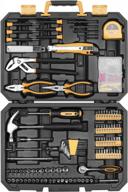 deko 196-piece general household hand tool kit - includes rip claw hammer, lineman's pliers, measuring tape, and plastic toolbox storage case logo
