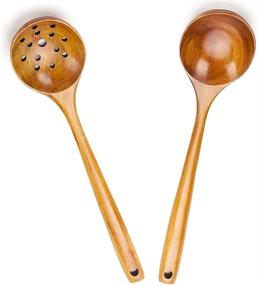 img 4 attached to Set Of 2 Handmade 14In Wooden Slotted & Ladle Spoons - Best Wood Cooking Utensils For Soup, Serving & More!