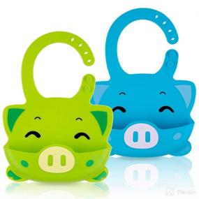 img 4 attached to 👶 Waterproof Silicone Baby Bibs 2 Pack – Easy Wipe Clean with Food Catcher Pocket – Cute Christmas Designs for Boys and Girls (Pig-Green/Sky Blue)