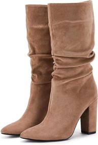 img 4 attached to Stylish Women'S Winter Slouchy High Heel Boots: Slip-On Suede With Chunky Block Heels And Pointed Toes