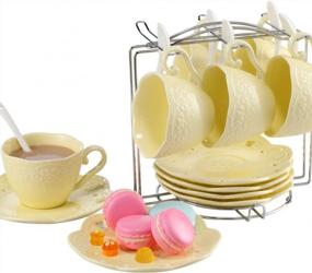 img 2 attached to Sumerflos Embossed Porcelain Tea And Coffee Cup Set, Bone China Tea Set With Saucer And Spoon, Set Of 6 (6Oz) In Canary Yellow Color