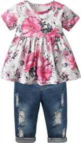 img 4 attached to Toddler Infant Baby Girl Floral Ruffle Tops & Jeans Pants Outfit Set By Derouetkia