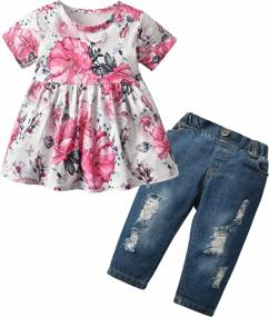 img 3 attached to Toddler Infant Baby Girl Floral Ruffle Tops & Jeans Pants Outfit Set By Derouetkia