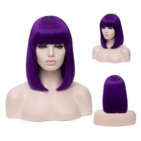img 4 attached to TopWigy Women Bob Wig Bangs Short Straight Hair Wigs Synthetic Colorful Halloween Cosplay Daily Party Wig 14 Inch, Purple