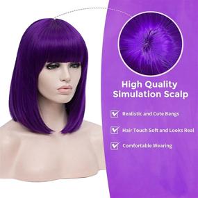 img 3 attached to TopWigy Women Bob Wig Bangs Short Straight Hair Wigs Synthetic Colorful Halloween Cosplay Daily Party Wig 14 Inch, Purple