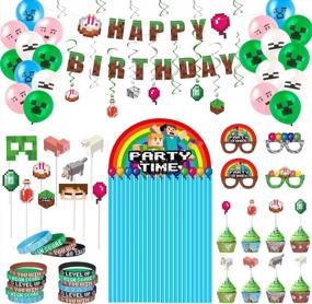 img 4 attached to Pixel Game Birthday Party Kit - 112PCS Decorations And Supplies With Backdrop, Photo Booth Props, Balloons, Cake Toppers And Wrappers, Bracelets For Optimal Fun And Celebration