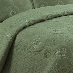 img 2 attached to Queen Size Sage MarCielo 3-Piece Fully Quilted Embroidery Quilts Bedspreads Coverlets Cover Set, Olive Green & White