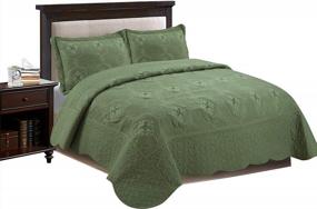img 4 attached to Queen Size Sage MarCielo 3-Piece Fully Quilted Embroidery Quilts Bedspreads Coverlets Cover Set, Olive Green & White