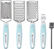 4-piece green stainless steel cheese grater and zester set with razor sharp blades and comfortable grip for effortless grating and zesting - perfect for chocolate, lemon, and cheese with free brush! logo