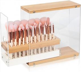 img 4 attached to JackCubeDesign 29 Holes Acrylic Bamboo Brush Holder Organizer Beauty Cosmetic Display Stand With Leather Drawer(White, 8.77 X 3.34 X 8.42 Inches) - :MK228D