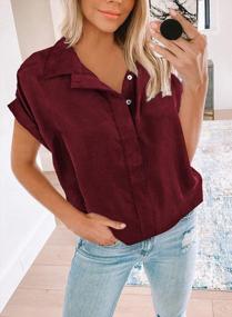 img 2 attached to Women'S Red Loose V-Neck Blouse With Rolled Cuff Short Sleeves - GOSOPIN Pullover Top For A Trendy Look