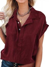 img 4 attached to Women'S Red Loose V-Neck Blouse With Rolled Cuff Short Sleeves - GOSOPIN Pullover Top For A Trendy Look