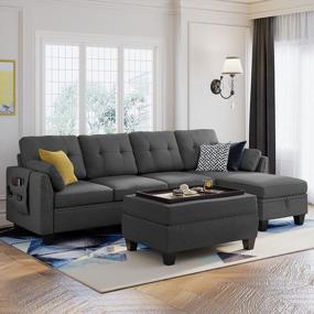 img 4 attached to HONBAY Reversible Sectional Sofa Couch Set L-Shaped Living Room Furniture 4 Seater With Storage Ottoman For Small Apartment, Dark Grey (Sectional+Tray Ottoman)