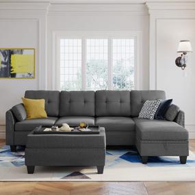 img 3 attached to HONBAY Reversible Sectional Sofa Couch Set L-Shaped Living Room Furniture 4 Seater With Storage Ottoman For Small Apartment, Dark Grey (Sectional+Tray Ottoman)