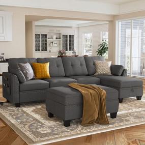 img 1 attached to HONBAY Реверсивный секционный диван-кушетка L-образная мебель для гостиной 4-местный с пуфом для хранения для небольшой квартиры, темно-серый (секционный + поднос пуфик)