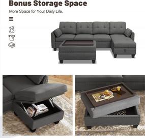 img 2 attached to HONBAY Реверсивный секционный диван-кушетка L-образная мебель для гостиной 4-местный с пуфом для хранения для небольшой квартиры, темно-серый (секционный + поднос пуфик)