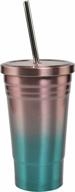 stainless steel vacuum insulated ombre pink blue tumbler with lid and metal straw by arad logo