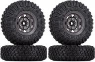 metal wheel rims and 1.55 crawler tires set for rc crawlers: compatible with axial ax90069, tamiya cc01 lc70 d90 tf2, mst jimny - grey logo