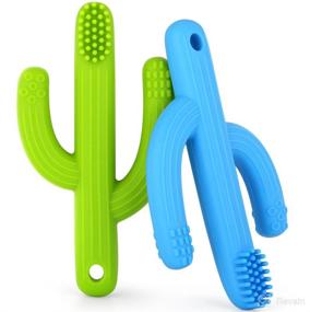 img 4 attached to 🦷 Soft Silicone Baby Toothbrush Teething Toys with Bristles for Infants - 2pcs Blue and Green