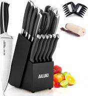18 piece kitchen knife set with black block wooden and sharpener - high carbon german stainless steel chef knives - ultra sharp full tang forged professional cutlery set logo