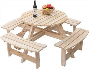 img 3 attached to 8 Person Round Wooden Outdoor Patio Garden Picnic Table With Bench - Natural By Gardenised