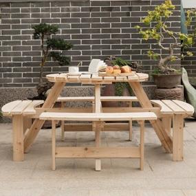 img 1 attached to Круглый деревянный стол для пикника в саду патио на 8 человек со скамейкой - Natural By Gardenized