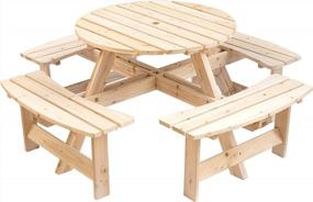 img 4 attached to Круглый деревянный стол для пикника в саду патио на 8 человек со скамейкой - Natural By Gardenized