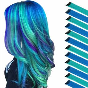 img 4 attached to 12-Pack Teal Blue And Royal Blue Clip-In Hair Extensions For Women: 22 Inch Colorful Synthetic Straight Hairpieces By FESHFEN