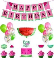 watermelon theme first birthday party supplies - happy birthday banner, foil and latex confetti balloons, pink and green decorations for summer fruit themed celebration logo