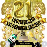 🎉 gold 21st birthday party supplies - cheers to 21 years banner balloons and cake topper, happy birthday sash, gold tinsel foil fringe curtains, for birthday and anniversary decorations логотип