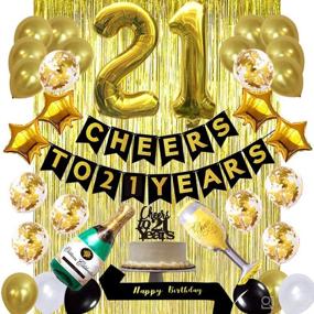 img 4 attached to 🎉 Gold 21st Birthday Party Supplies - Cheers To 21 Years Banner Balloons and Cake Topper, Happy Birthday Sash, Gold Tinsel Foil Fringe Curtains, for Birthday and Anniversary Decorations