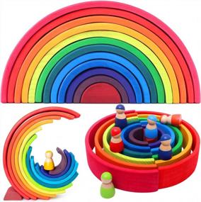 img 3 attached to 🌈 Vigeiya Wooden Rainbow Stacking Toy Color Sorting Set: 18Pcs Large Stacker Building Blocks for Kids Toddlers