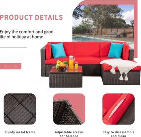 img 3 attached to Shintenchi 5 Pieces Patio Furniture Sets Outdoor All-Weather Sectional Patio Sofa Set PE Rattan Manual Weaving Wicker Patio Conversation Set With Glass Table And Ottoman Cushion And Red Pillows, Red