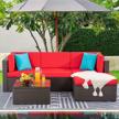 shintenchi 5 pieces patio furniture sets outdoor all-weather sectional patio sofa set pe rattan manual weaving wicker patio conversation set with glass table and ottoman cushion and red pillows, red logo