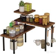 🏬 bcozlux industrial style 3-tier corner shelf for space saving | kitchen countertop organizer | bathroom counter storage shelf | rustic brown spice rack with hooks | stable metal frame | easy assembly логотип