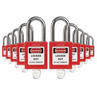 10 pack lockout tagout padlocks keyed differently, tradesafe red safety locks for lock out tag out. logo