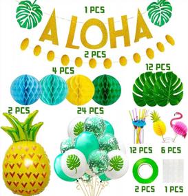 img 3 attached to 73Pcs Luau Hawaiian ALOHA Party Decorations Supplies - Tropical Palm Leaves Banner, Cake Topper, Balloons, Drinking Umbrella Straws For Summer Aloha Party