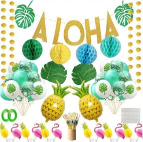 img 4 attached to 73 шт. Luau Hawaiian ALOHA украшения для вечеринок-баннер с тропическими пальмовыми листьями, топпер для торта, воздушные шары, соломинки для зонтов для летней вечеринки Aloha
