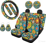 🌼 polero abstract hippie flowers seat cover set for women - daisy steering wheel cover with colorful floral seatbelt covers, coasters, and keychains, 11pcs логотип