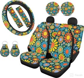 img 4 attached to 🌼 POLERO Abstract Hippie Flowers Seat Cover Set for Women - Daisy Steering Wheel Cover with Colorful Floral Seatbelt Covers, Coasters, and Keychains, 11pcs