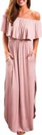 women's off shoulder maxi dress with ruffles and side split pockets logo