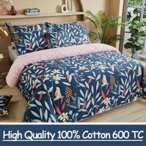 img 1 attached to FADFAY Cotton Duvet Cover Set Queen Size, 600 TC Soft Floral Leaves Bedding, Navy Blue & Blush Pink Reversible Bird Flower Printed Bed Cover Zipper Botanical Bed Sets 3 Pcs, Queen