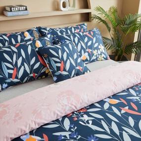 img 2 attached to FADFAY Cotton Duvet Cover Set Queen Size, 600 TC Soft Floral Leaves Bedding, Navy Blue & Blush Pink Reversible Bird Flower Printed Bed Cover Zipper Botanical Bed Sets 3 Pcs, Queen