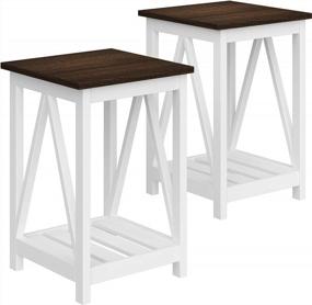 img 2 attached to Rustic Vintage Farmhouse End Table With Storage Shelf - Set Of 2 White Nightstand Sofa Tables For Small Spaces In Living Room And Bedroom By ChooChoo