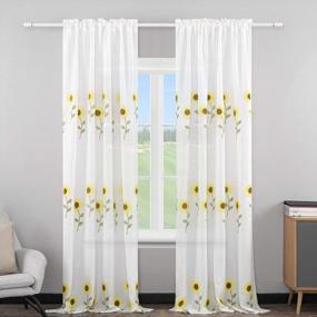 img 4 attached to VOGOL White Sheer Curtains W/ Sunflower Embroidery - Light Filtering Voile Drapes For Girls Room, 52X63, Summer